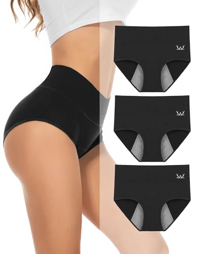 PULIOU Period Underwear for Women Heavy Flow High Waisted Menstrual Panties Teens Cotton Postpartum Hipster 3 Pack