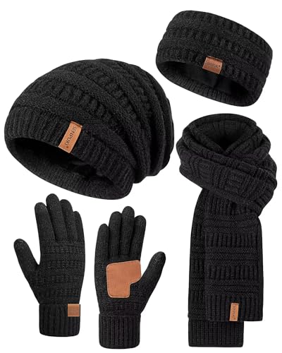 Womens Winter Beanie Hat Scarf Gloves Headband Set, Slouchy Beanie Ear Warmer Knit Scarf Touchscreen Gloves Warm 4 Gift Set