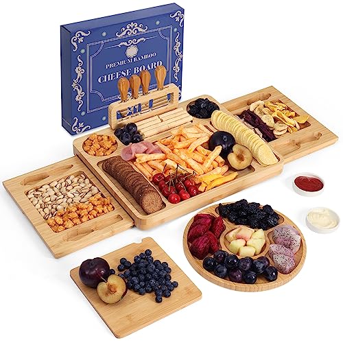 Large Charcuterie Boards, Bamboo Cheese Board and Knife Set, Charcuterie Platter Cheese Trays, House Warming Gifts New Home, Wedding Gifts for Couple, Bridal Shower Gift for Women
