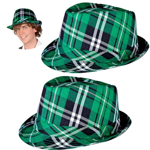 2PC St.Patrick Day Fedora Hats for Men Women Irich Outfit Costume Classic Plaid Green Hat Saint Patricks Day Accessories