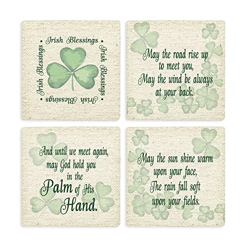 Irish Blessings Shamrock Green 4 x 4 Absorbent Ceramic Square Coasters Pack of 4