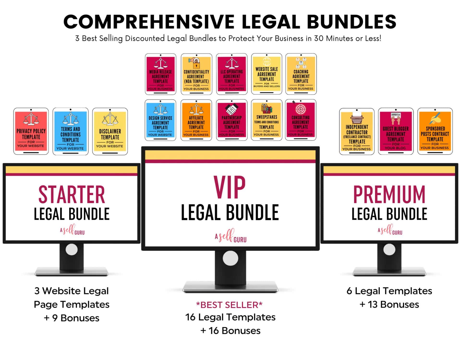 mockup with three desktops and text overlay - starter legal bundle, VIP legal bundle, and premium legal bundle