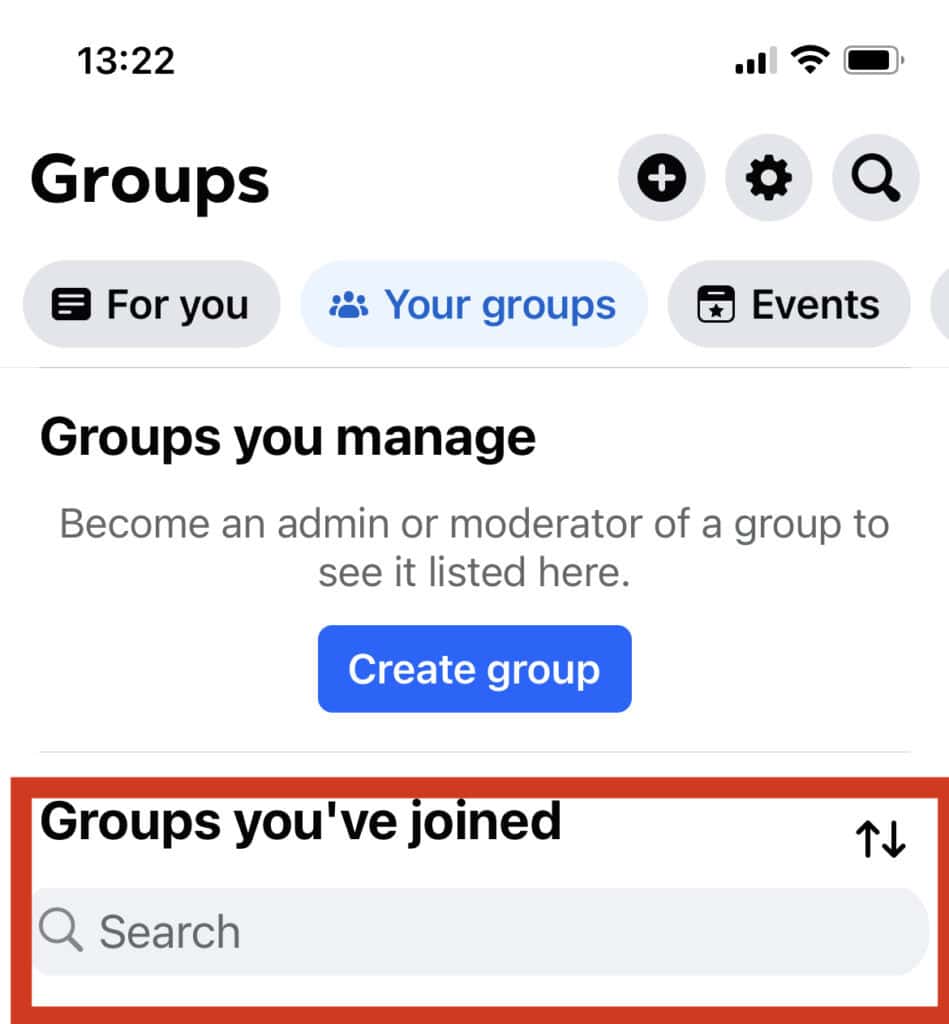 mobile screenshot of Facebook group search bar