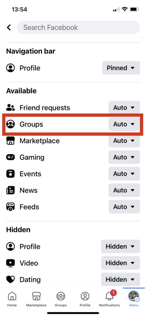 mobile screenshot of navigation bar settings with "Groups" highlighted