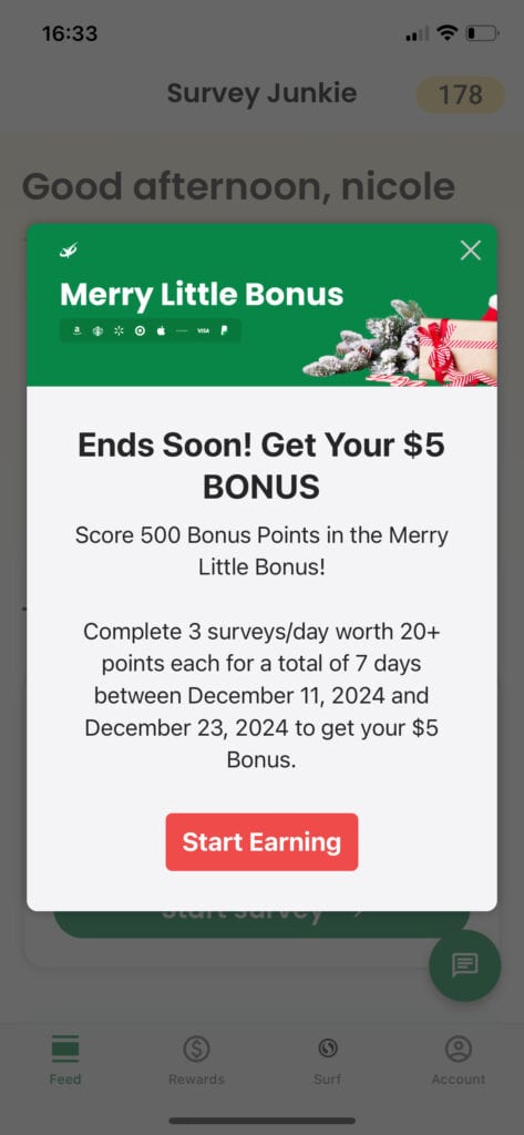 screenshot of survey junkie bonus rewards