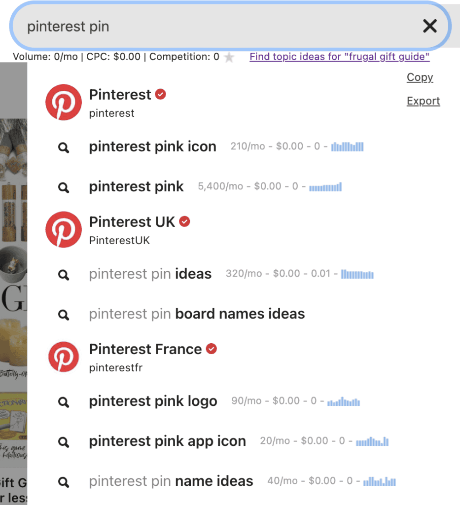 screen shot of Pinterest search bar
