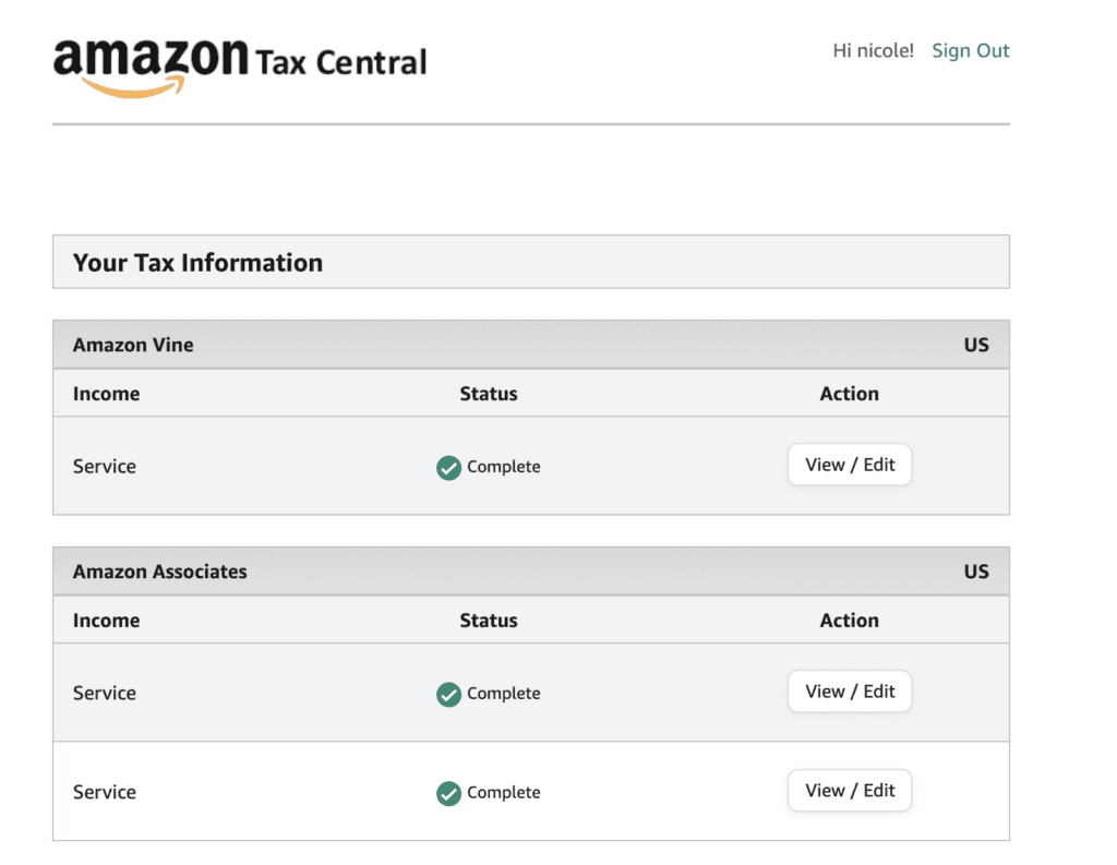Screenshot of Amazon tax center
